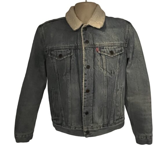 Levis Mens Denim Sherpa Trucker Snap Front Jacket Small Pockets Relaxed Red Tab